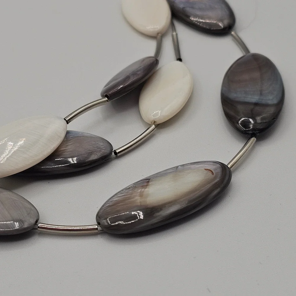 Ali-Khan NY Necklace Multi Strand Grey White MOP Shell Beads Layered 16-19
